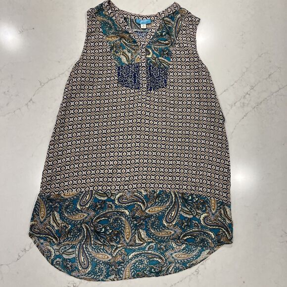 Buttons Sleeveless Pull Over Tunic Geometric Paisley Boho Blouse Shirt Sz M - Picture 1 of 8